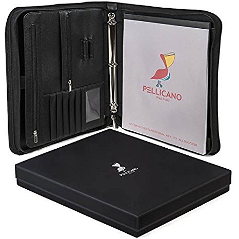 Original PU Leather Portfolio Case w/ Writing Pad: Look Professional at Work. Tablet / Boogie Board Pocket, Rings Binder, Organizer, Notebook Holder. Secure Personal & Business Supplies, Folders, Pads