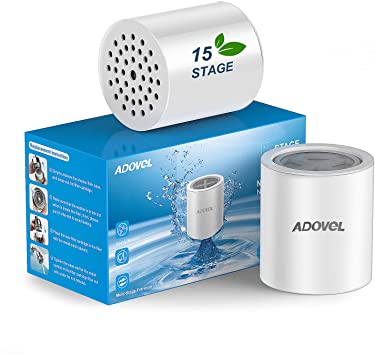 ADOVEL Universal Shower Filter Replacement Cartridge, 15 stage, High Output, With Effective KDF, Vitamin C, Removing Chlorine, Heavy Metals, Sulfur Odor, Pack of 2