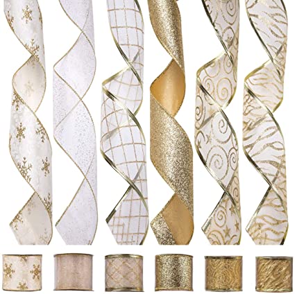 ARCCI Christmas Wired Edge Ribbon, Holiday Party Assorted Organza Swirl Sealing Sheer Glitter Gift Wrapping - 36 Yards (6 Rolls x 6yd) 2.5 Inch - Gold/White