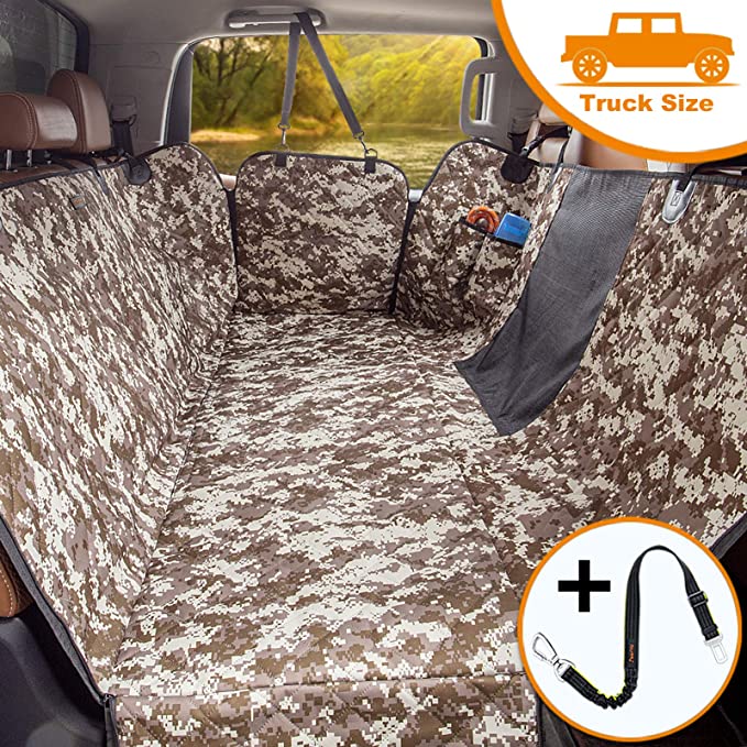 iBuddy Dog Car Seat Cover for Back Seat of Cars/Trucks/SUV, Waterproof Dog Hammock for Back Seat with Mesh Window,Side Flap and Dog Seat Belt Pet Seat Cover (Truck)