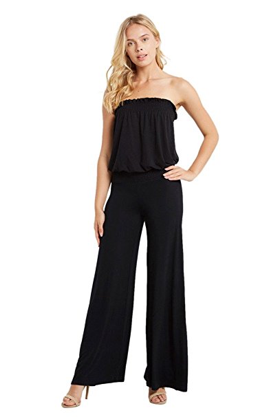 Womens Off Shoulder Smocked Tube Jersey Comfy Rayon Spandex Wide Leg Pants Long Jumpsuit USA