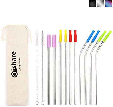 Qishare Set of 10 Stainless Steel Reusable Straws 8.5” Long, with 2 Smooth Wide Diameter Straws for Smoothies and Boba tea,10 Silicone Tips and 2 Cleaning Brushes (Silver)