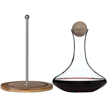 Classic Glass Wine Decanter with Wooden Ball Stopper and Decanter Dryer Stand. By Lily's Home