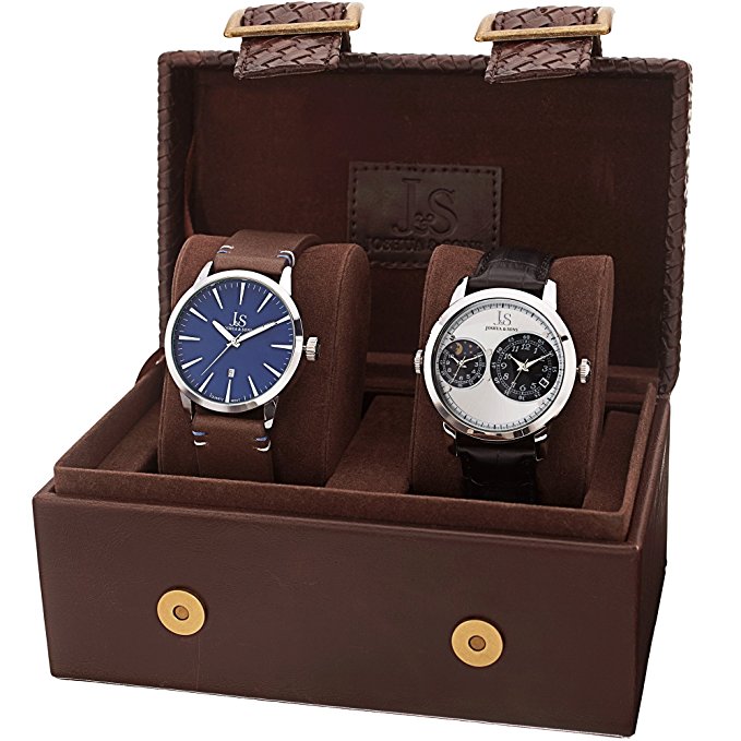 Joshua & Sons Men's JX114SSB Silver Quartz Watch Set Includes JX86SSBU & JX87SS Black and Brown Leather Strap
