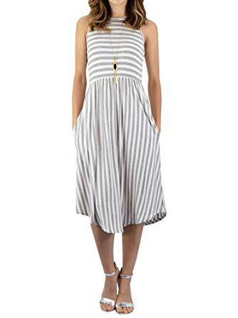 Foshow Womens Tank Dress Striped Midi Sleeveless Casual Summer Beach Dresses with Pockets