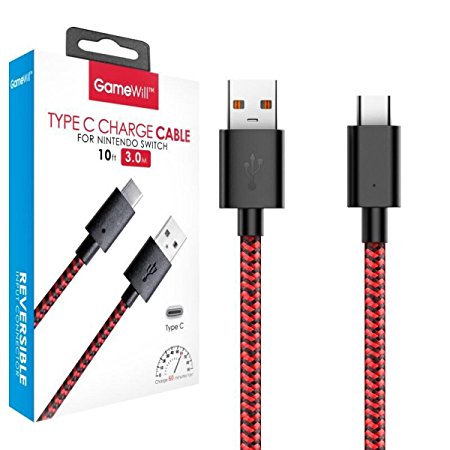 GameWill USB-C Cable,10Ft Braided USB Type C to A USB 2.0 Cable& Fast Charging for Nintendo Switch