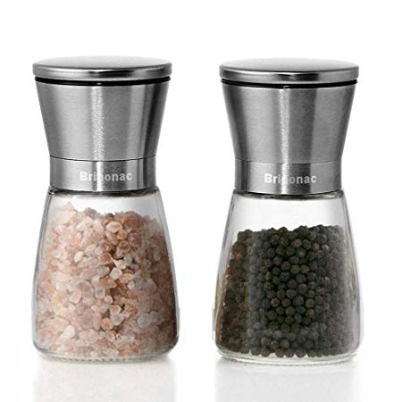 Brinonac pz017 Salt and Pepper Grinder Set, Glass Shakers and Adjustable Ceramic Rotor in 2 Stainless Steel Mills for Tasty and Healthy Food, 6OZ, Silver