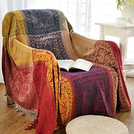 86" x 102" Chenille Jacquard Tassels Throw Blankets for Bed Couch Decorative Soft Chair Cover - Colorful Tribal Pattern (L)