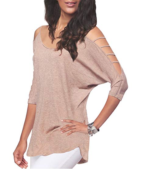 iGENJUN Women's Casual Loose Hollowed Out Shoulder Three Quarter Sleeve Shirts