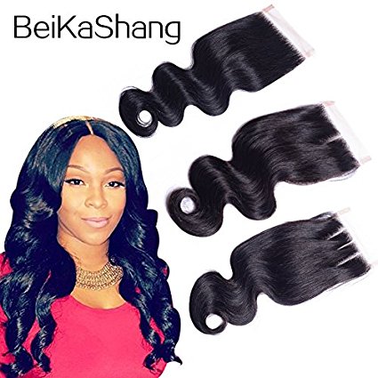 BeiKaShang Body Wave 4x4 Lace Closure with Baby Hair Natural Black Brazilian Virgin Human Hair Closures with Bleached Knots Free Part 8"