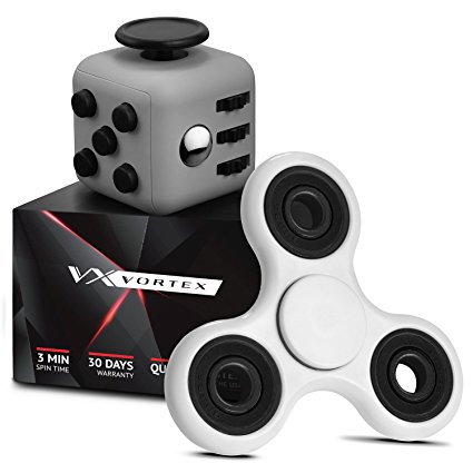 Vortex Spinners - Prime Fidget Toy Set of Upgraded Black High Speed Hand Spinner Toy and Black Soft Touch Fidget Cube in Premium Gift Box, 1-4 min of Spin Time (White)
