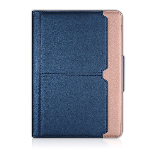 iPad Air 2 Case, Thankscase Rotating Case Smart Cover for iPad Air 2 with Document Card Pocket with Hand Strap with Great Pattern for iPad Air 2 (Navy Rose Plus)