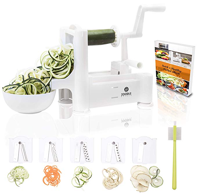 Zoodle Slicer Pro-5 Blade Spiralizer, Heavy Duty Vegetable Spiral Slicer, Best Veggie Pasta Spaghetti Maker for Low Carb/Paleo/Gluten-Free Diet. Includes Free Cleaning Brush & Recipe E-Book (Download)