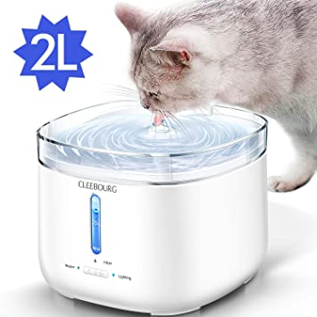 CLEEBOURG Upgraded Pet Cat Water Fountain, 68oz/2L Automatic Pet Water Dispenser Dog Water Fountain with Separable Water Tank, Filter and LED Indicator Light for Cats, Dogs, Multiple Pets