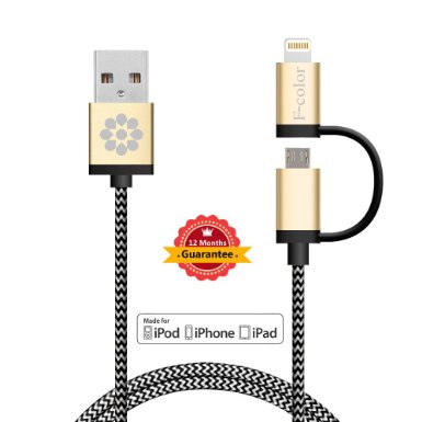 iPhone 5 ChargerF-color8482 3ft Nylon Braided 2-in-1 Lightning Cable with 8 Pin and Micro USB Connectors for iPhone 6s 6s Plus 6 6 Plus 5 5s 5c iPad Pro iPad Mini 4 iPad Air 2 iPod 5 Sumsung HTC Motorola Nokia Gold