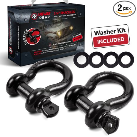 3/4" Shackles (2 Pack) D-Ring by USWAY GEAR 4.75 Ton (9,500 LBS) Working Load   Free 4 pcs Washer Kit Rings, for Vehicle Recovery, Towing, Stump Removal & More - Jeep & Truck Accessories