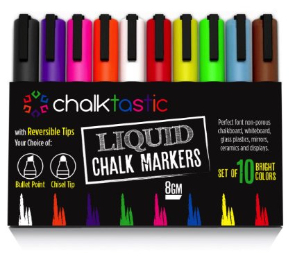 Chalktastic Liquid Chalk Markers - 10 Pack of Professional Quality Pens With Bright Neon Colors 6mm Reversible Fine or Chisel Tip - Massive 8gm of Ink Use on Chalkboard Glass Bistro Boards Kids Art or Menu Boards