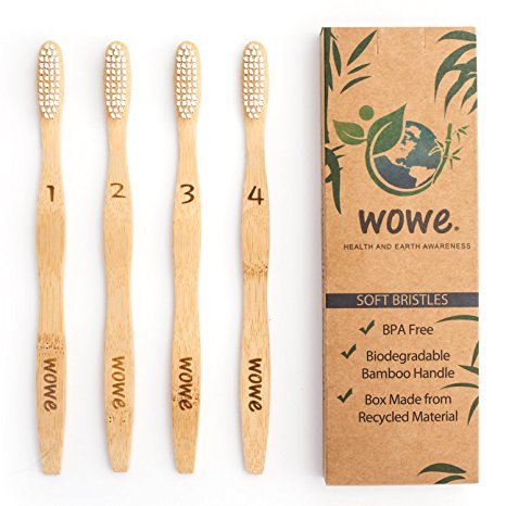 Natural Bamboo Toothbrush Individually Numbered - Eco Friendly - BPA Free Bristles - 4 Pack - WowE LifeStyle Products
