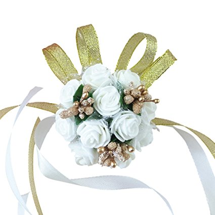 Wildgirl Wedding Bridesmaid Bride Prom Bridal Wrist Corsage Hand Flower Bracelet (White Flower Gold Pearl)