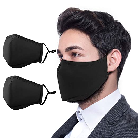 ZyeZoo 2pcs Black Washable Face Mask, Cotton Mouth Protective Anti-Dust Facial Cover Reusable Windproof Facemasks, Support adding Carbon Filter.