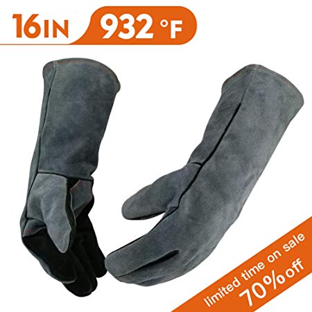 WZQH Leather BBQ Welding Gloves,932℉Heat/Fire Resistant, Mitts for Forge,Oven,Grill,Fireplace,Tig,Mig,Baking,Furnace,Stove,Pot Holder,Animal Handling Glove With 16 Inches Extra Long Sleeve(Black-gray)