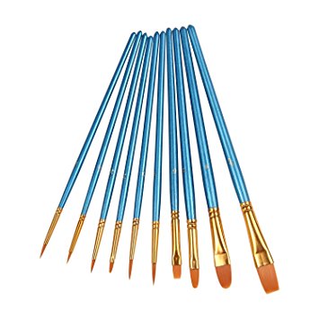 Pack of 10 Blue Round Pointed Tip Nylon Hair Brush Set Paintbrushes for Watercolor Oil Acrylic Painting Nail Art
