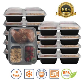Pakkon 3 Compartment Bento Box  Durable Plastic Lunch Container with Airtight Lid  Use For 21 Day Fix Meal Prep and Portion Control  Lunch Box For Kids and Adults 10 pack