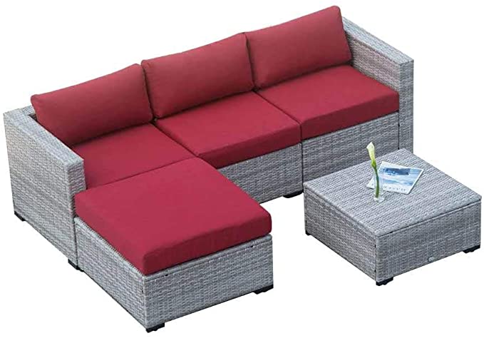 Auro Outdoor Furniture 5-Piece Sectional Sofa Set All-Weather Wicker with Water Resistant Olefin Cushions for Patio Backyard Pool | Incl. Waterproof Cover&Clips (Red-2)