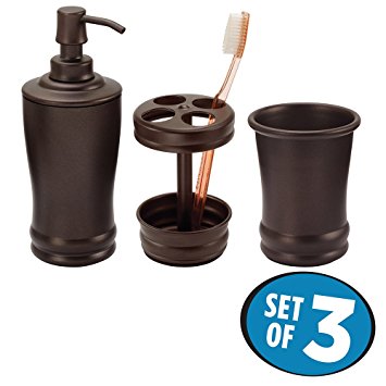 mDesign Classic Soap Dispenser Pump, Toothbrush Holder Stand, Tumbler for Bathroom Vanities - Set of 3, Bronze
