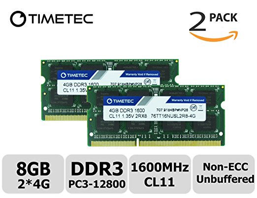 Timetec Hynix IC 8GB Kit(2x4GB) DDR3 1600MHz PC3-12800 Non ECC Unbuffered 1.35V CL11 2Rx8 Dual Rank 204 Pin SODIMM Laptop Notebook Computer Memory Ram Module Upgrade(8GB Kit(2x4GB))