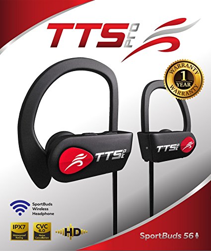 TTS Pro New 2018 Bluetooth Headphones, Best Wireless Sports Earphones w/ Mic IPX7 Waterproof HD Stereo Sweatproof Earbuds for Gym Running Workout 8 Hour Battery Noise Cancelling Headsets, 7 Acces, Red
