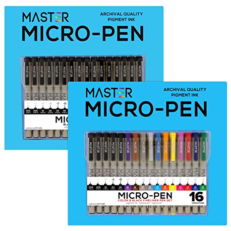 Set of 32 Unique Black and Colored Master Markers Micro-Pen Fineliner Ink Pens - 11 Vibrant Colors & 21 Black Micro Fine Point, Chisel, Brush & Calligraphy Tip Nibs - Artist Illustration Drawing