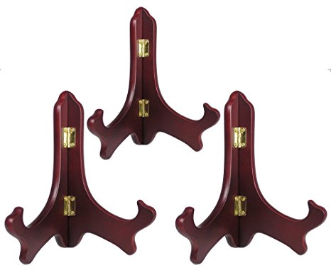 Wood Easel Plate Holder Folding Display Stands - Rich Dark Brown Mahogany - Premium Quality - Pack of 3 Pieces - 7 Inch