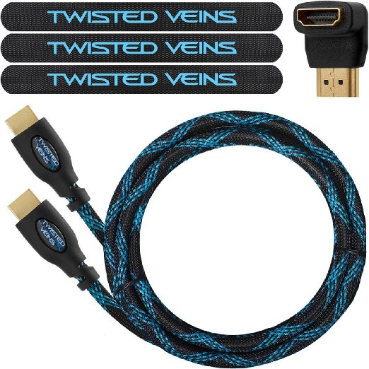 Twisted Veins 10 ft High Speed HDMI Cable  Right Angle Adapter and Velcro Cable Ties Latest Version Supports Ethernet 3D and Audio Return