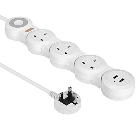 Extension Cord Power Strip Extension Lead Mscien Flexible Rotary Movable Socket With Indicator Light 1.8 M Cord 2500W/10A White (3 Gang - 2 USB Port)