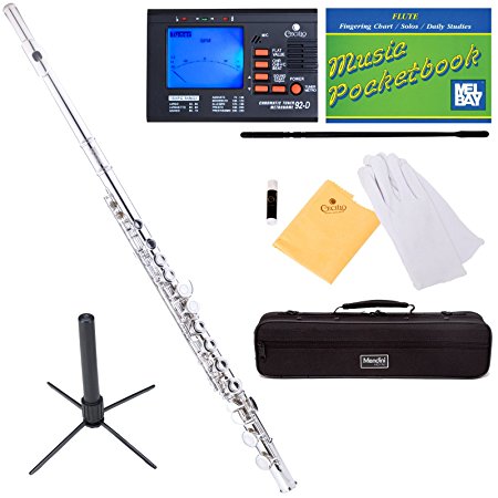 Mendini Closed-Hole Key of C Flute, Nickel Plated and Tuner, Case, Stand, Pocketbook- MFE-N SD PB 92D