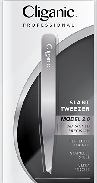 Professional Eyebrow Tweezers Precision Slant Tip 2.0 SILVER (Improved Model) | Hair Tweezer for Men & Women, Stainless Steel | Best for Plucking Chin Facial Hair | Cliganic 90 Days Warranty