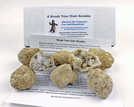 6 Break Your Own Geodes, 90% Hollow Medium ( 2-2.5”) Easy Crack Open & Discover Surprise Crystals Inside! Educational Info and Instructions Included, Fun Party Favors & Prizes, Dancing Bear Brand