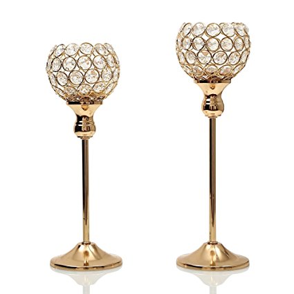VINCIGANT Gold Crystal Pillars Candle Holders Wedding Centerpieces Candlesticks Set for Dining Table Decorations Gifts