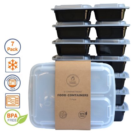3-Compartment Meal Prep Food Containers with Lids for Portion Control Stackable Leak Proof Microwave and Dishwasher Safe Reusable - Bento Lunch Box with Plate Dividers 7 Pack