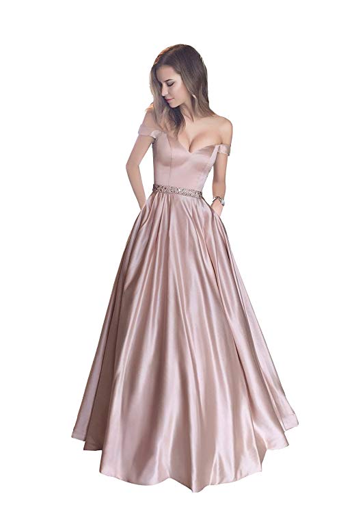 Harsuccting Off The Shoulder Beaded Satin Evening Prom Dress with Pocket