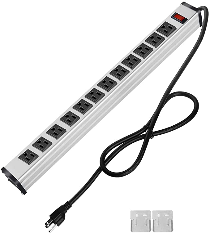 12 Outlet Plugs Heavy Duty Metal Power Strip, Aluminum Workshop Socket with 4FT Long Cord and Power Switch. 15A, 125V, 1875W