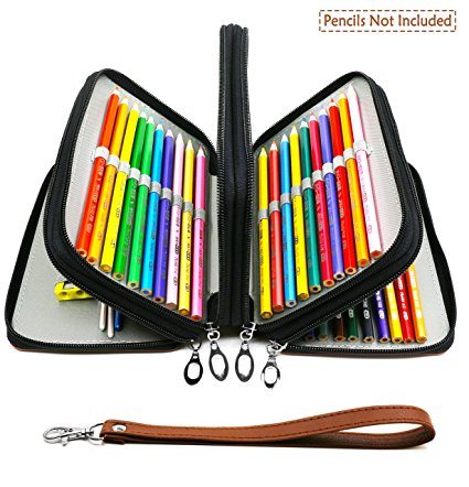 YOUSHARES 72 Slots Pencil Case - PU Leather Handy Multi-layer Large Zipper Pen Bag with Handle Strap for Colored / Watercolor Pencils, Gel Pen, Makeup Brush, Small Marker and Sharpener (Brown)