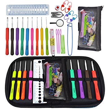 9pcs Crochet Hooks Set with Needles Sissors Ruler Safety Pins Measure Tape Stitch Holders, Marrywindix Sewing Knitting Kit with Case