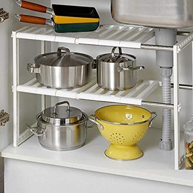 RKPM Tier (Layer) Adjustable Under Sink Cabinet Organizer Storage Rack Expandable Kitchen Bath Shelf Holder (White)