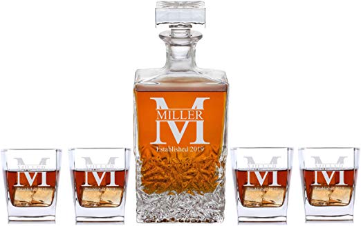 Personalized 5 pc Whiskey Decanter Set - Decanter & 4 Glasses Gift Set - Custom Engraved | Miller Design
