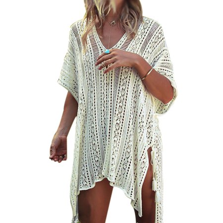 Swim Cover ups Women Knit Lace Crochet Bikini Beachwear V-neck Hollow Out Loose Beach Dress Tops Summer Bathing Suit