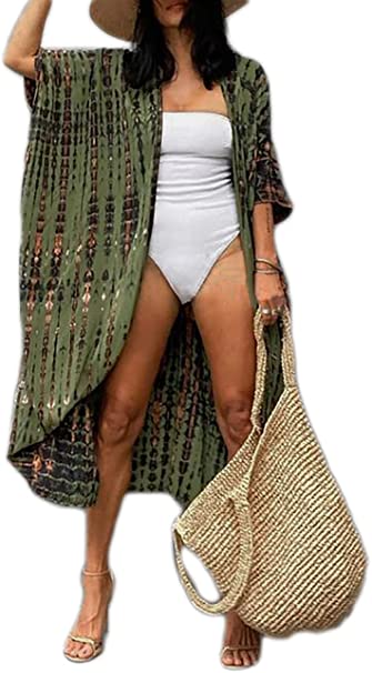 Bsubseach Stylish Tie Dye Open Front Long Kimono Swimsuit Cover up for Women