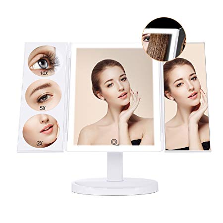 Liaboe LED Makeup Vanity Mirror , Oversize 44 LED Mirror with Light, 1X,3X,5X,10X Magnifying, Powered by both AA Batteries and USB charger,Built-in Touch Sensor Switch,360° Rotation,90°Adjustable,Storage Space Base