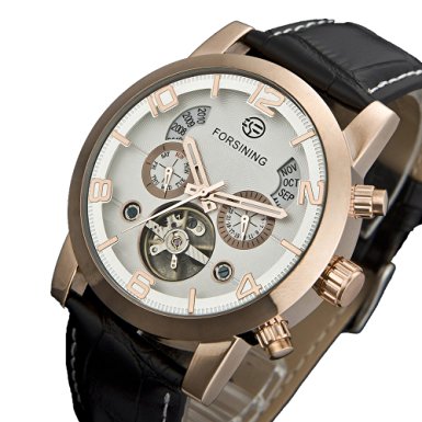Forsining Mens L-Tourbillon Automatic Mechanical Leather Wrist Watches White Gold C1192